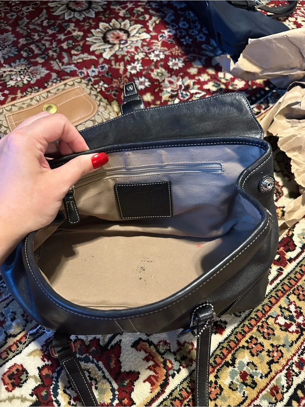 Coach Black Leather Duffel Satchel with Contrast Stitching